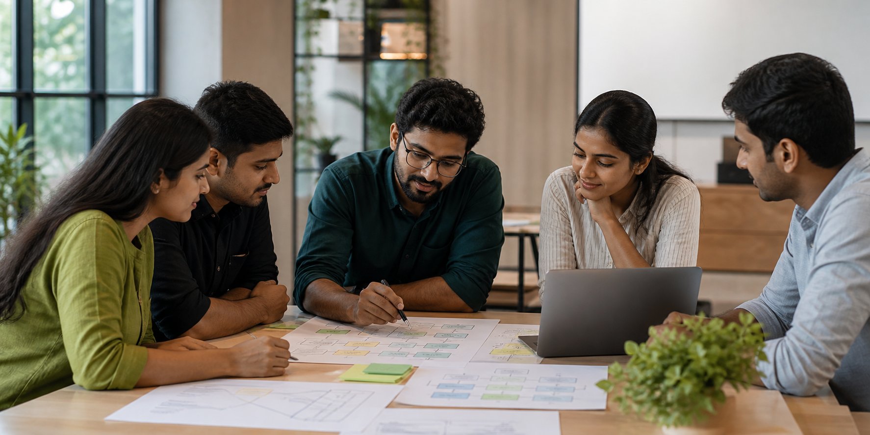 iWebs technology team collaborating in a workspace